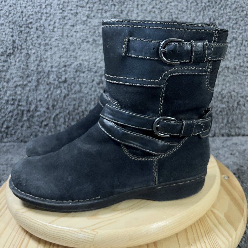 Clarks Whistle Ranch Boots Womens Size 11 Black Suede Strap Biker Moto Buckle